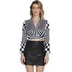 Optical-illusion-chessboard-tunnel Long Sleeve Tie Back Satin Wrap Top by Bedest