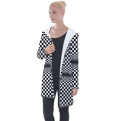 Art-optical-black-white-contrast Longline Hooded Cardigan by Bedest