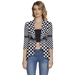 Art-optical-black-white-contrast Women s 3/4 Sleeve Ruffle Edge Open Front Jacket by Bedest