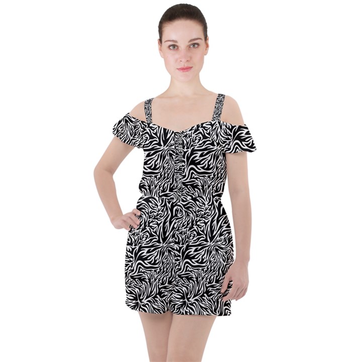 Flame Fire Pattern Digital Art Ruffle Cut Out Chiffon Playsuit