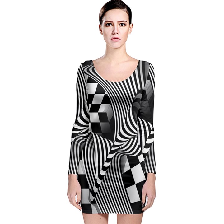 Op-art-black-white-drawing Long Sleeve Bodycon Dress