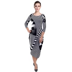 Op-art-black-white-drawing Quarter Sleeve Midi Velour Bodycon Dress by Bedest