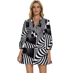 Op-art-black-white-drawing V-neck Placket Mini Dress by Bedest