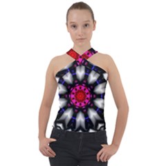 Kaleidoscope-round-metal Cross Neck Velour Top by Bedest