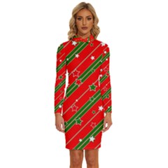 Christmas-paper-star-texture     - Long Sleeve Shirt Collar Bodycon Dress