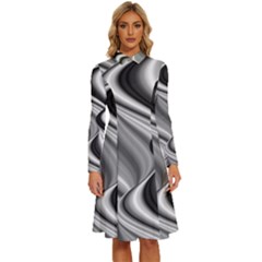 Waves-black-and-white-modern Long Sleeve Shirt Collar A-line Dress by Bedest