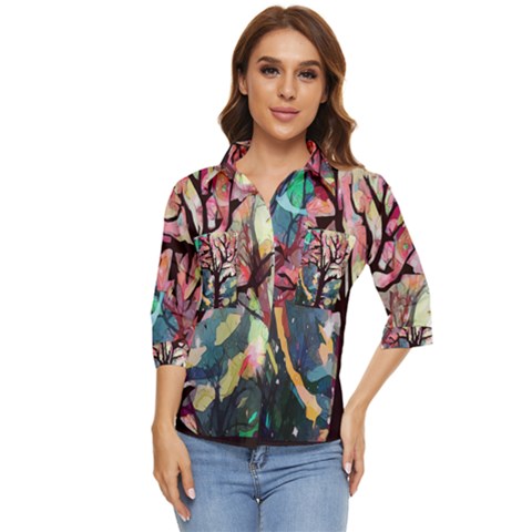 Tree-moon-night-sky-landscape Women s Quarter Sleeve Pocket Shirt by Bedest