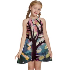 Tree-moon-night-sky-landscape Kids  Halter Collar Waist Tie Chiffon Dress by Bedest