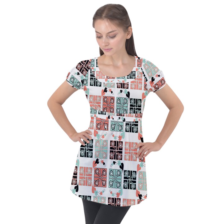 Mint Black Coral Heart Paisley Puff Sleeve Tunic Top