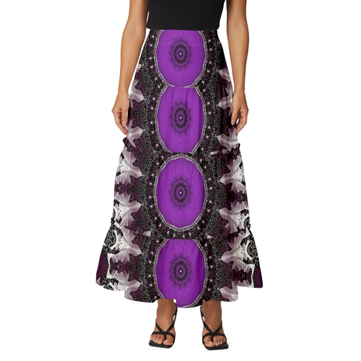 Kaleidoscope-round-circle-geometry Tiered Ruffle Maxi Skirt