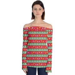 Christmas-papers-red-and-green Off Shoulder Long Sleeve Top by Bedest