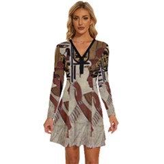 Hieroglyphics-goddess-queen Long Sleeve Deep V Mini Dress  by Bedest