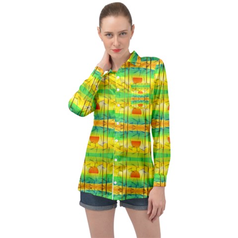 Birds-beach-sun-abstract-pattern Long Sleeve Satin Shirt by Bedest