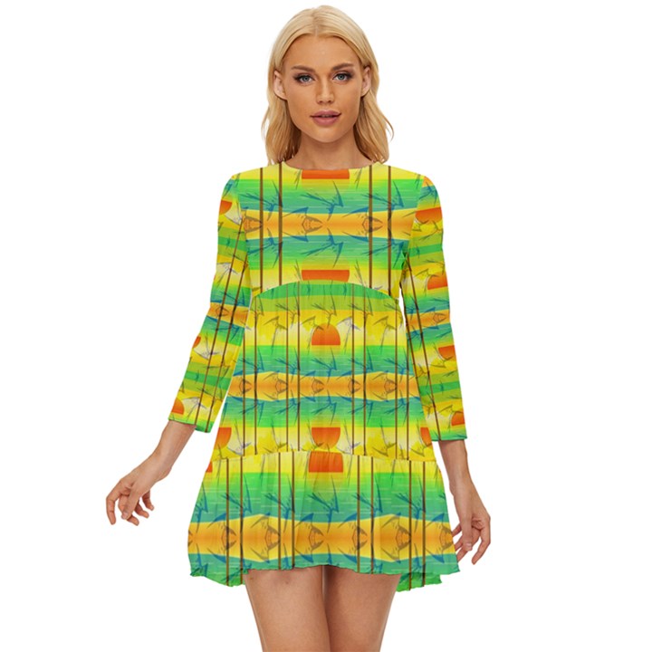 Birds-beach-sun-abstract-pattern Long Sleeve Babydoll Dress