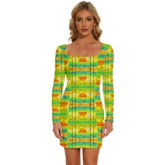 Birds-beach-sun-abstract-pattern Long Sleeve Square Neck Bodycon Velvet Dress by Bedest