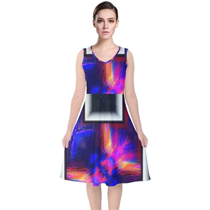 Box-abstract-frame-square V-Neck Midi Sleeveless Dress 