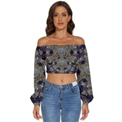 Flowers Of Diamonds In Harmony And Structures Of Love Long Sleeve Crinkled Weave Crop Top by pepitasart