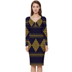 Abstract-batik Klasikjpg Long Sleeve V-neck Bodycon Dress  by nateshop