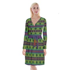 Background-batik 01 Long Sleeve Velvet Front Wrap Dress by nateshop