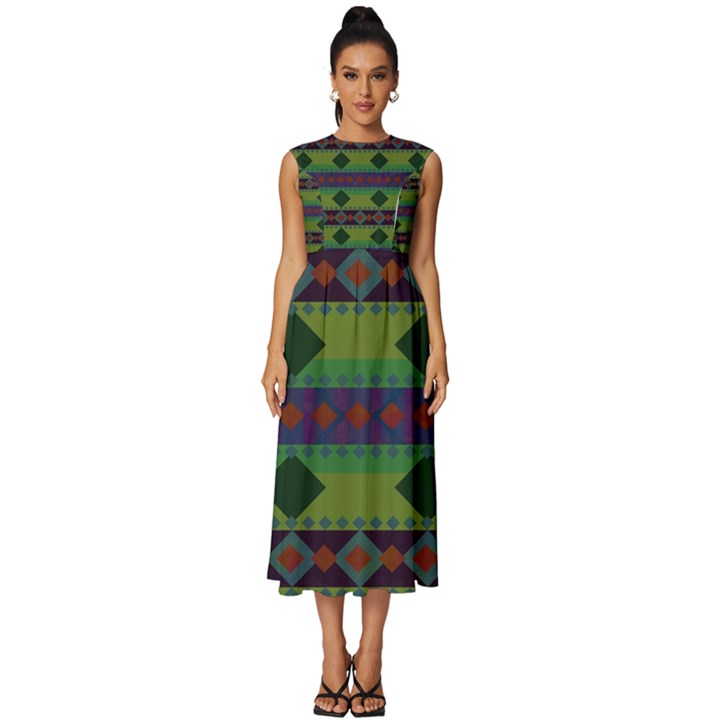 Background-batik 01 Sleeveless Round Neck Midi Dress