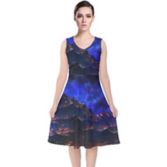 Landscape-sci-fi-alien-world V-neck Midi Sleeveless Dress  by Bedest