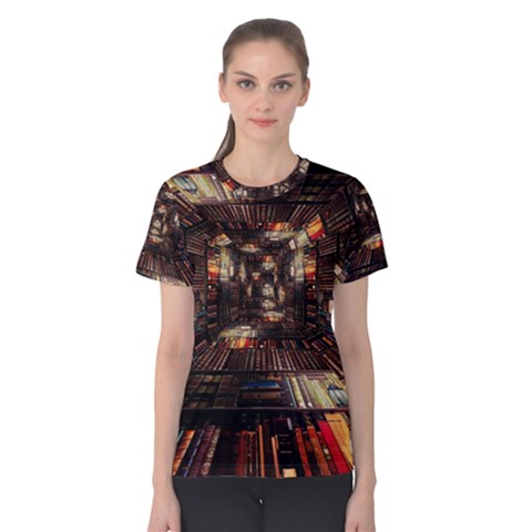 Library-tunnel-books-stacks Women s Cotton T-shirt by Bedest