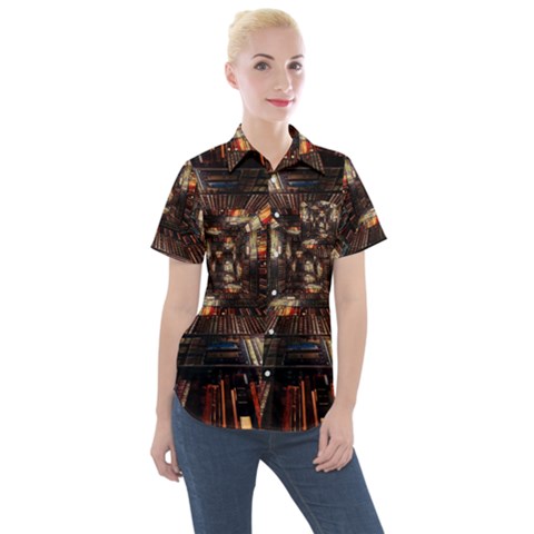 Library-tunnel-books-stacks Women s Short Sleeve Pocket Shirt by Bedest