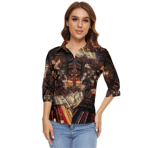 Library-tunnel-books-stacks Women s Quarter Sleeve Pocket Shirt by Bedest