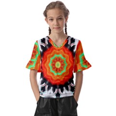 Abstract-kaleidoscope-colored Kids  V-neck Horn Sleeve Blouse by Bedest