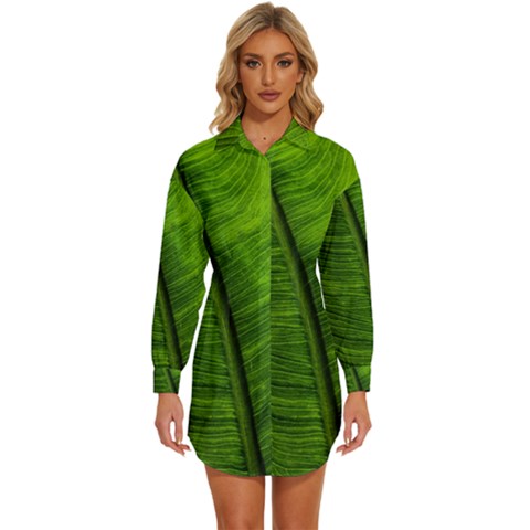 Green-leaf-plant-freshness-color Womens Long Sleeve Shirt Dress by Bedest