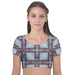 Pattern-cross-geometric-shape Velvet Short Sleeve Crop Top  by Bedest