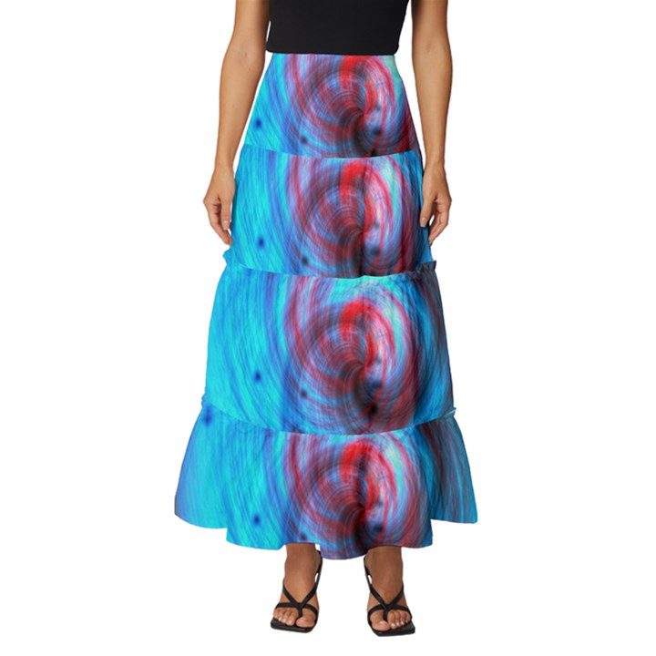 Abstract-kaleidoscope-pattern Tiered Ruffle Maxi Skirt