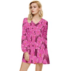 Cherry-blossoms-floral-design Tiered Long Sleeve Mini Dress by Bedest