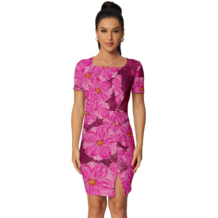 Cherry-blossoms-floral-design Fitted Knot Split End Bodycon Dress