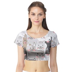 Cute Cats Seamless Pattern Short Sleeve Crop Top