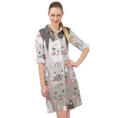 Cute Cats Seamless Pattern Long Sleeve Mini Shirt Dress