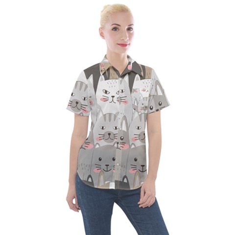 Cute Cats Seamless Pattern Women s Short Sleeve Pocket Shirt by pakminggu