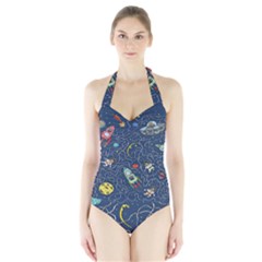 Cat-cosmos-cosmonaut-rocket Halter Swimsuit