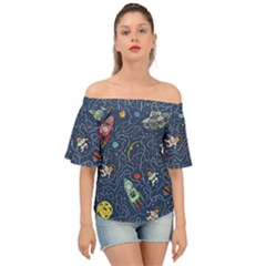 Cat-cosmos-cosmonaut-rocket Off Shoulder Short Sleeve Top by pakminggu