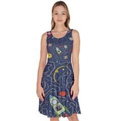 Cat-cosmos-cosmonaut-rocket Knee Length Skater Dress With Pockets by pakminggu