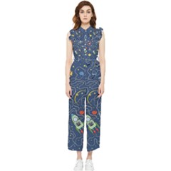 Cat-cosmos-cosmonaut-rocket Women s Frill Top Chiffon Jumpsuit by pakminggu