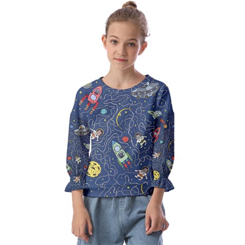 Cat-cosmos-cosmonaut-rocket Kids  Cuff Sleeve Top by pakminggu