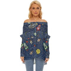 Cat-cosmos-cosmonaut-rocket Off Shoulder Chiffon Pocket Shirt by pakminggu