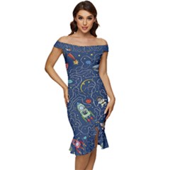 Cat-cosmos-cosmonaut-rocket Off Shoulder Ruffle Split Hem Bodycon Dress by pakminggu