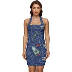 Cat-cosmos-cosmonaut-rocket Sleeveless Wide Square Neckline Ruched Bodycon Dress by pakminggu