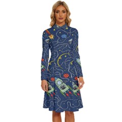 Cat-cosmos-cosmonaut-rocket Long Sleeve Shirt Collar A-line Dress by pakminggu