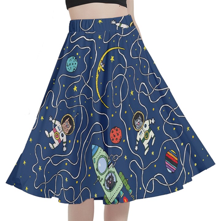 Cat-cosmos-cosmonaut-rocket A-Line Full Circle Midi Skirt With Pocket