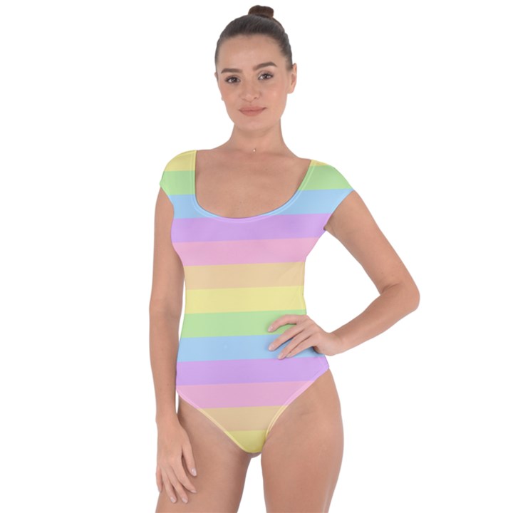 Cute Pastel Rainbow Striped Pattern Short Sleeve Leotard 