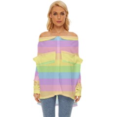 Cute Pastel Rainbow Striped Pattern Off Shoulder Chiffon Pocket Shirt