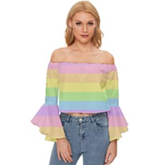 Cute Pastel Rainbow Striped Pattern Off Shoulder Flutter Bell Sleeve Top